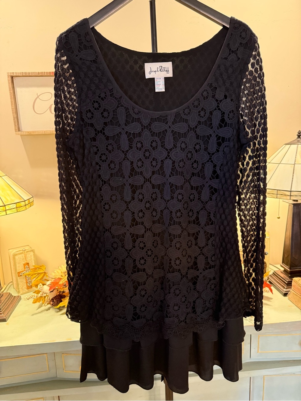 Joseph Ribkoff Black Lace Crochet Tunic Dress Layered Hem Size 12